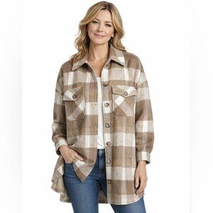 Dolce Cabo Brown White Plaid Shacket Button Front Oversized Shirt Jacket Cozy L